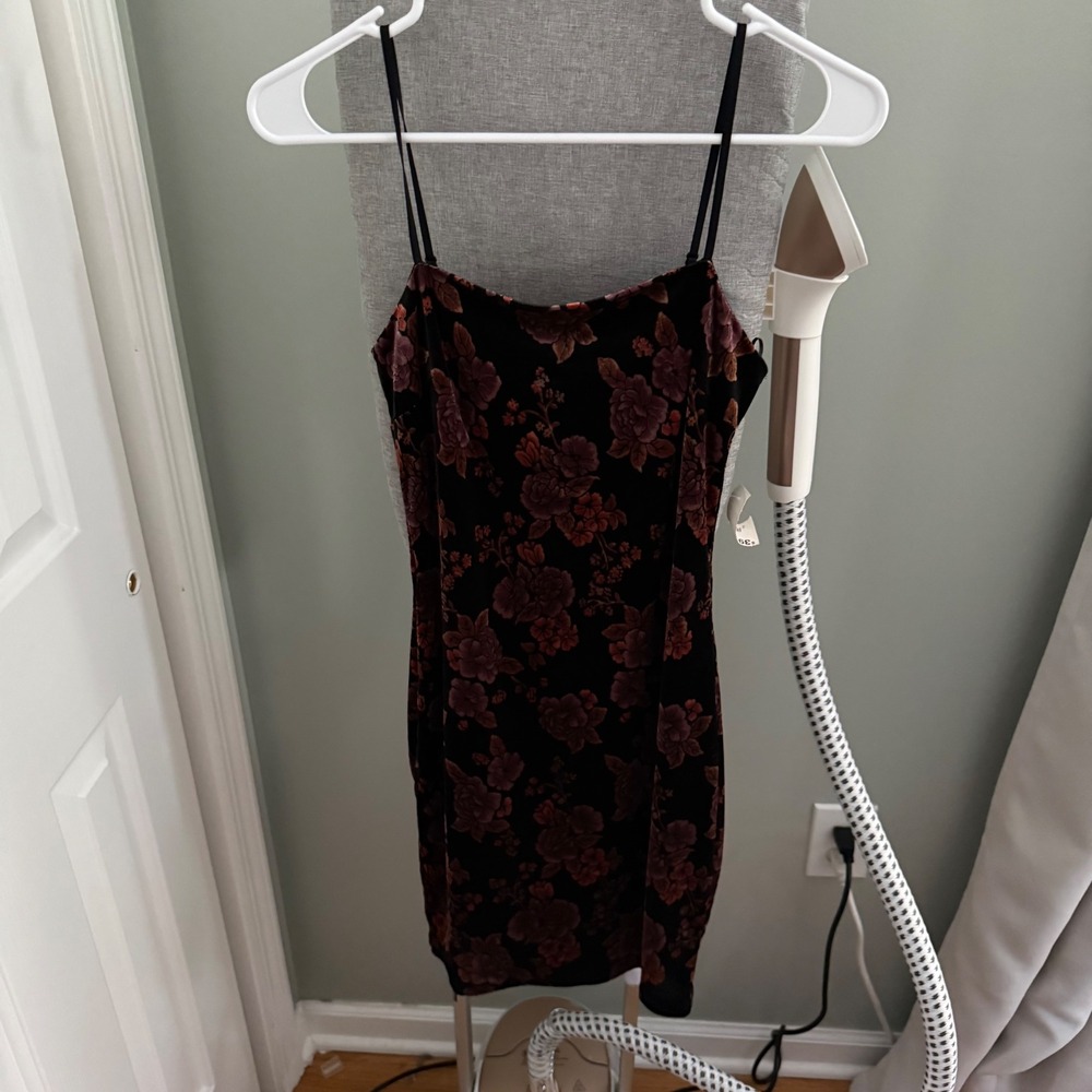 Sage Black Floral Velvet Burnout Slip Dress Spaghetti Strap Whimsigoth Mini
